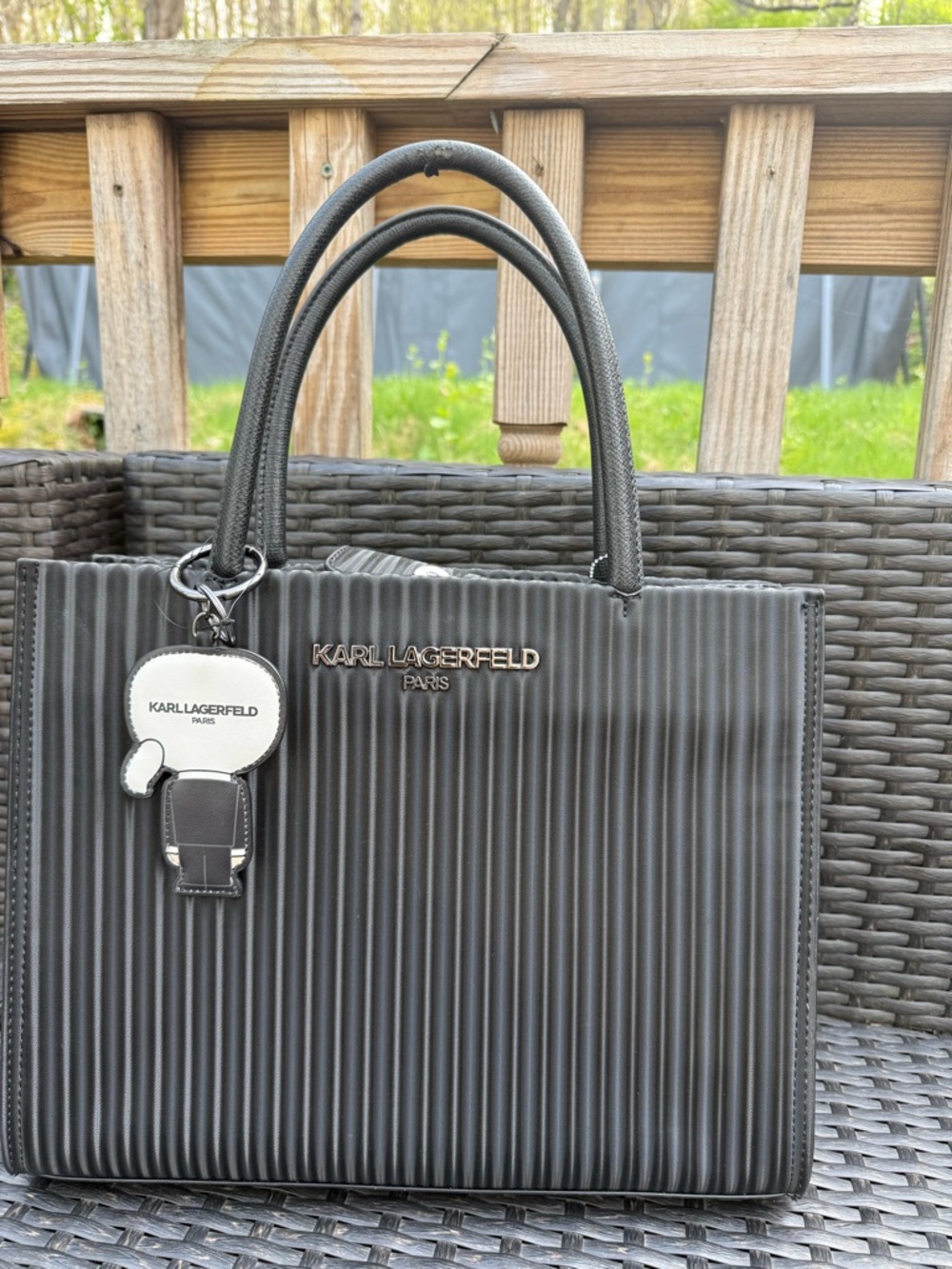 Karl Lagerfeld Black Interior Ribbed Tote with Branded Charm